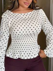 Maria Perezxox 新款秋冬法式优雅时尚波点一字肩蝴蝶结收腰修身休闲通勤百搭喇叭袖女衬衫 - 杏色 - 查看 6