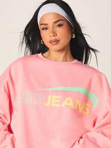 MISSGUIDED Áo nỉ nữ dáng rộng màu hồng với logo MSGD Jeans màu xanh lá cây, cổ tròn, tay dài, thích hợp cho mùa thu đông. - Màu Hồng  Dưa hấu - Xem 5