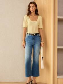 Lymera 新款春夏时尚宽松圆领性感修身中袖柔软黄色提花针织T恤，肩部饰有褶裥 - 黃色 - 查看 4