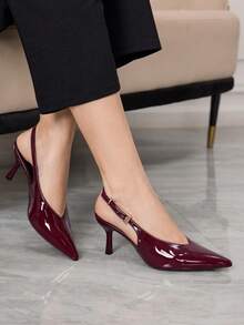 Sleekvia Giày cao gót nữ gợi cảm bằng da bóng, mũi nhọn, gót thấp, hở gót, kiểu slip-on, có khóa cài, màu đỏ rượu vang. - Màu Đỏ Sâu - Xem 2