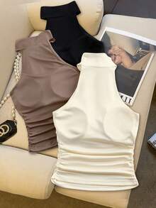 Franclia Comfortable Bra Free Cold Shoulder Halter Neck Ruched Crop Camisole Tank Top For Women - Multicolor - View 2