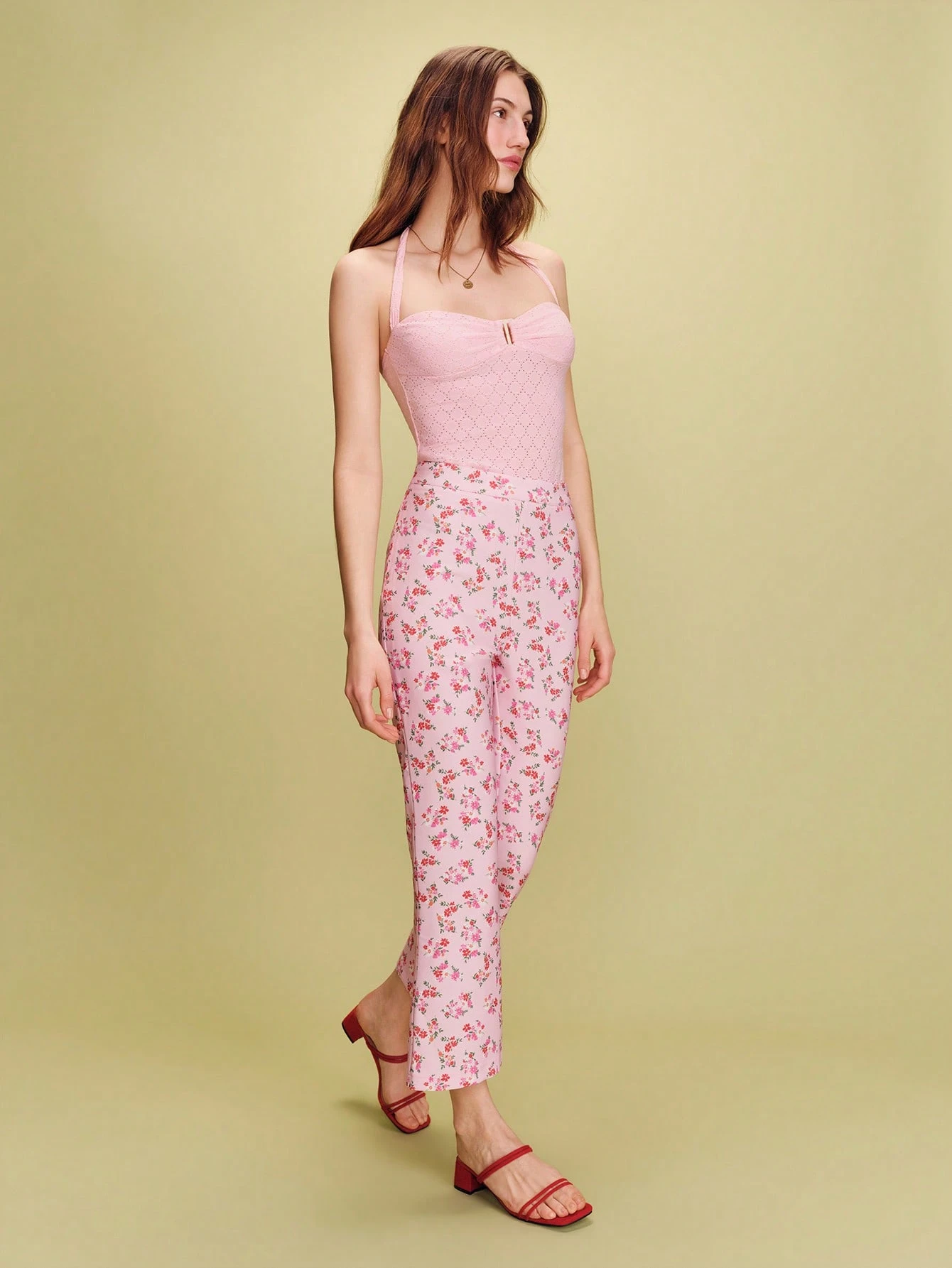 Pantalones de talle alto ajustados con estampado floral rosa de longitud hasta el tobillo, estilo lindo de primavera y verano, estilo francés parisino