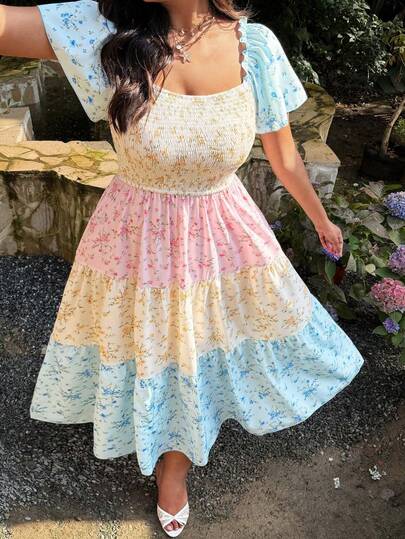 Lyrianda Modest Plus Size Square Collar Ruffle Sleeve Ditsy Floral Contrast Color Pleated Elegant Vintage Cute Casual Midi Dress For Women, Suitable For Holiday, Party