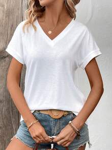 Lymera Solid Color White V-Neck Casual T-Shirt Tops Fall Autumn And Winter Halloween Work Office Occasion For Women Going Out Party Christmas Thanksgiving New Year Occasion - White - View 7