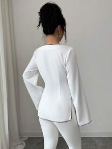 Elenzga 女士优雅白衬衫，黑色滚边，不对称斜领长袖，适合日常外出、约会、派对和聚会等各种场合。 - 白色 - 查看 2