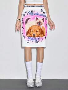 ROMWE 可爱休闲 Y2K 甜美萌系动物猫狗印花女式迷你裙 - 粉色 - 查看 3