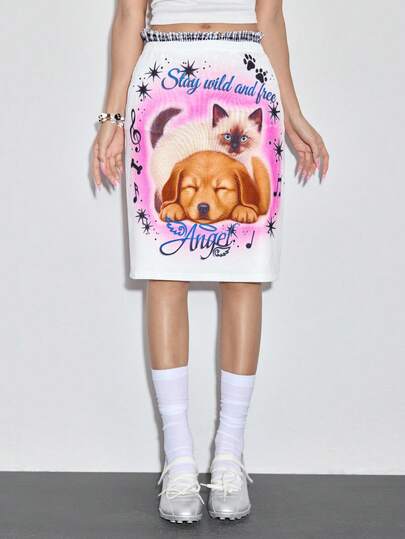 ROMWE 可爱休闲 Y2K 甜美萌系动物猫狗印花女式迷你裙