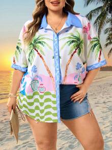 SHEIN CURVE+ Curve 尺码 US22 音乐节、海滨度假、波西米亚风女士假日印花宽松休闲衬衫，夏季沙滩装 - 杏色 - 查看 2