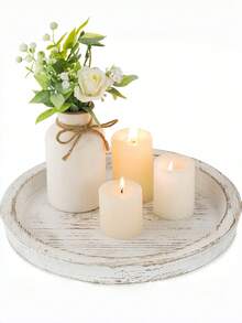 1pc Vintage Wooden Round Decorative Tray, Farmhouse Distressed Candle Holder Base, Home Living Room Incense Candle Plate - White - View 4