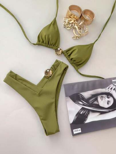 Swim Chiccia 2 piezas Conjunto de bikini con parte superior con acento triangular circular de unicolor metálico y Bottom de corte alto, traje de baño sexy para mujeres en vacaciones de verano