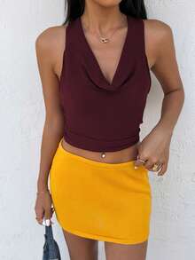 INAWLY Ensemble débardeur court en tricot à col drapé et nœud à la taille et mini-jupe en tricot de couleur unie pour femmes - Multicolore - Voir 4