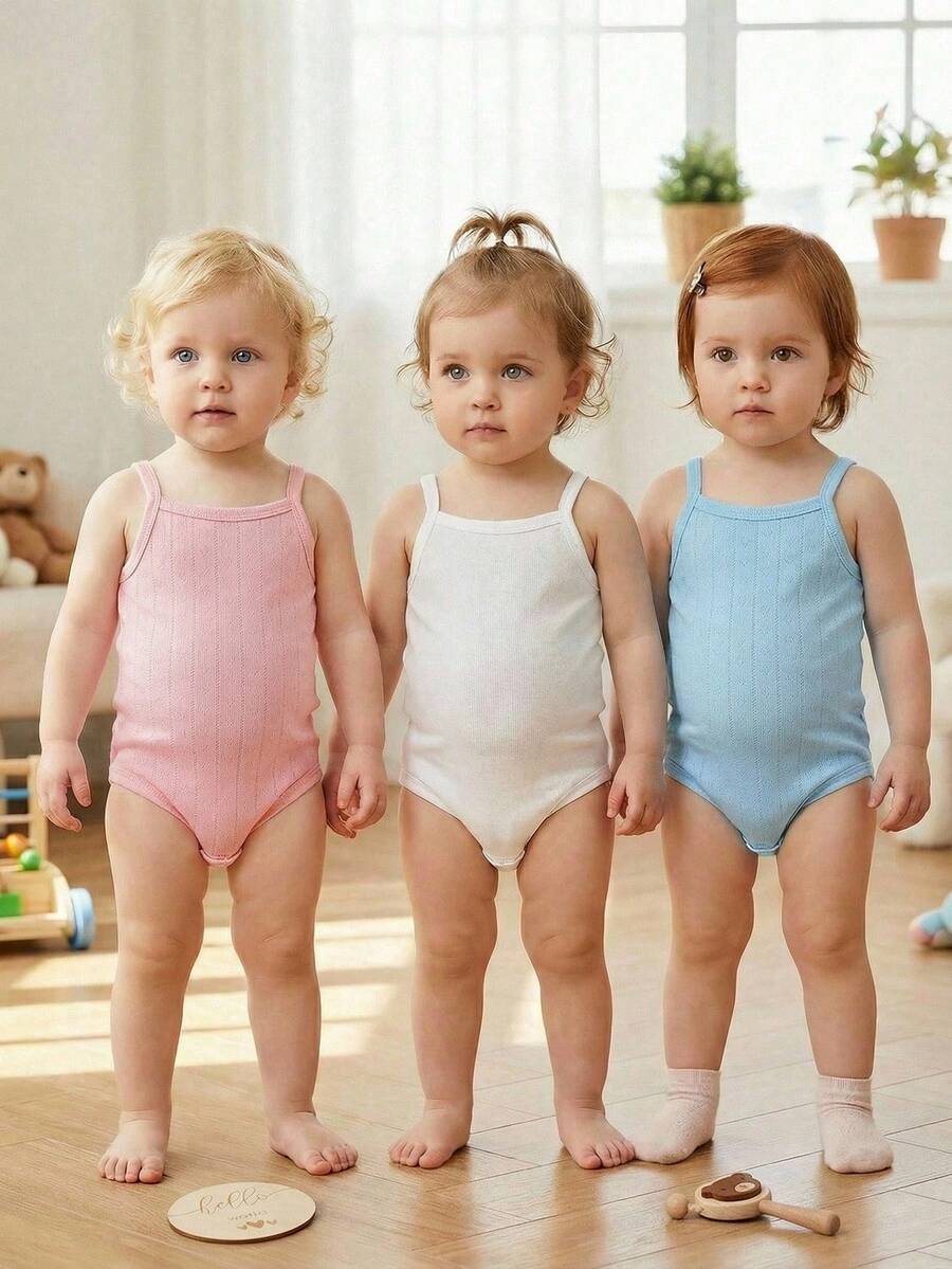 Souflis Souflis 3pcs/Set Newborn Baby Girl Casual Everyday Outfit, Soft Knit Fabric Bow Pattern Cami Bodysuit Set, Spring/Summer - Multicolor - View 1