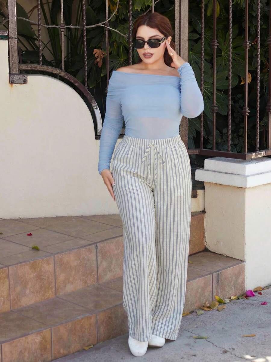 Lupita Cardoza 女款綁帶腰條紋寬腿鬆身休閒長褲 條紋褲 海灘褲 寬腿褲 鬆身長褲 夏季長褲 秋季長褲 秋季女裝 冬季女裝 小個子女款 - 藍白色 - 查看 1
