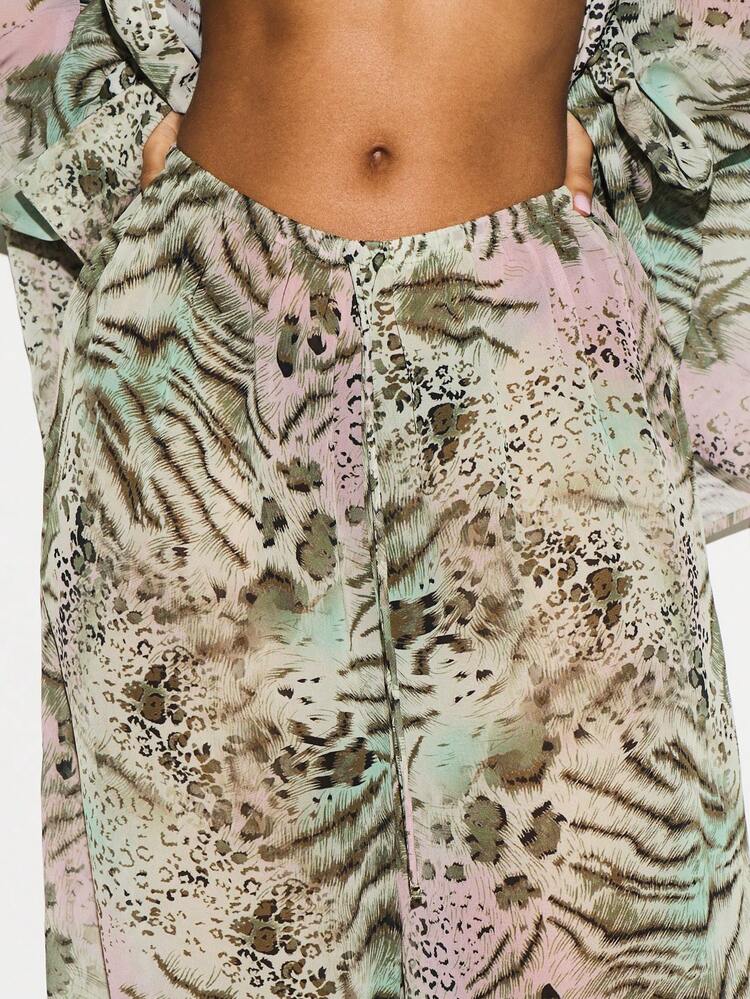 KIZN Women's Mixed Animal Print Wide Leg Beach Cover Up Trouser With Elastic Waist Summer Vacation Resort Wear