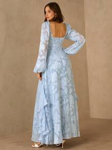 Enchnt Spring/Summer Romantic Women's Baby Blue Jacquard Ruffle Hem Long Sleeve Maxi Dress,Sweet&Elegant For Party&Prom&Vacation&Date&Holiday&Going Out&Valentine's Day,Spring Outfit Women - Blue - View 7