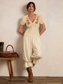 Easelle Floral Embroidery Puff Sleeve Casual Vacation Shirt Beige Shirt Embroidered Top Puff Sleeve - Apricot - View 3