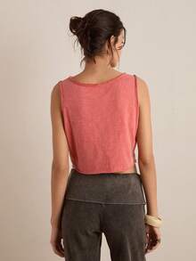 Easelle Women's Rust-Red Knitted Sleeveless Cropped Vest, Washed And Patterned With Snowflake Design. - Redwood - View 2