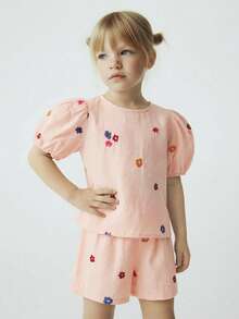 Maija Kids 两件套少女优雅都市学院风花卉刺绣圆领宽松泡泡袖上衣和短裤套装，适合返校、日常休闲穿着、外出、聚会、节日、春夏季节等场合。 - 粉色 - 查看 1