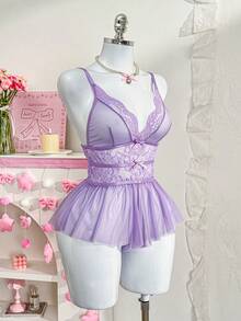 Sött & Romantiskt Spets Kontrast Mesh V-ringad Volang Justerbar Band Teddy Lingerie Set - Lila - Visa 5