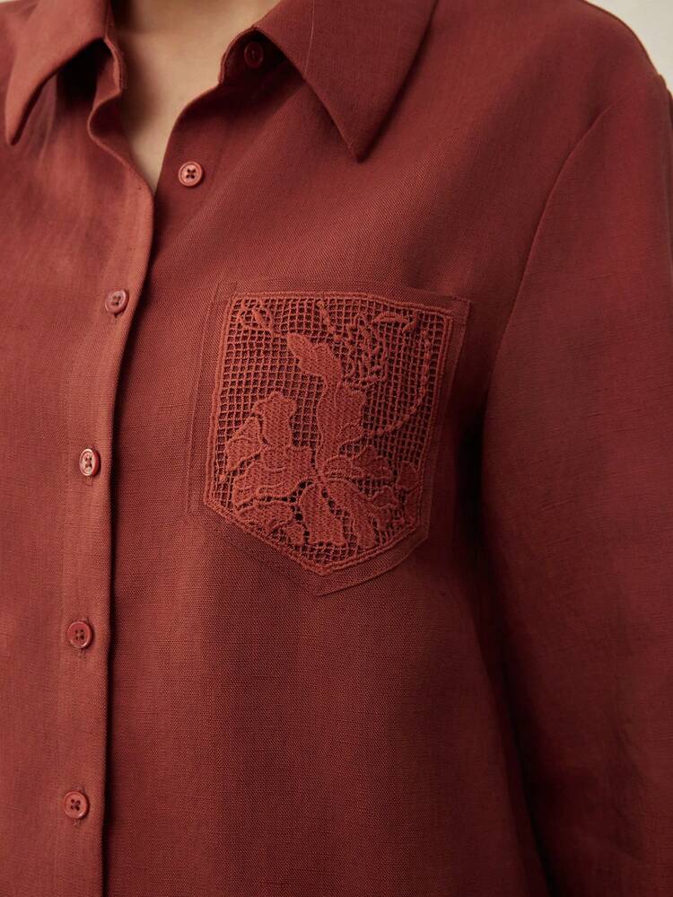 LINEN LACE POCKET LONG SLEEVE SHIRT JACKET, VINTAGE STYLE, SPRING/SUMMER