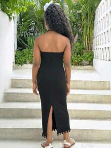 SHEIN Tween Girls Black Knit Texture Spaghetti Strap Snug Fit Backless Tassel Casual Versatile Solid Black Dress - Black - View 2