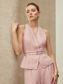 MOTF PREMIUM 亚麻双腰带马甲，春夏款 - 粉色 - 查看 7