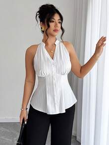 Elenzga Plus Size Women Casual Striped Waist Sleeveless Shirt - Multicolor - View 3