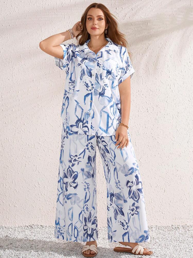 2pc Set Plus Size Women's Summer Casual Vacation Country Floral Print Short Sleeve Loose Blouse Top Shirt And Wide Leg Pants 2 Piece Set With Pockets,Spring/Summer,Summer\Vacation,Summer Holiday,Spring Break Outfits ,Vacation Outfits Women ,Holiday Outfits For Women,Going Out Outfits,2026 New Clothes,Simple And Fashionable For Everyday Wear,Suitable For Summer, Vacation, Daily Wear,Suitable For Summer, Vacation, Daily Wear,Country Concert Outfit ,Modest Two Piece Set, Plus Size Summer Sets,Plus Size Pants Set,Boho Set,Boho Pants Set For Women,Wide Leg Pants Set,2 Piece Casual Sets Woman,Two Piece Set Women Comfy
