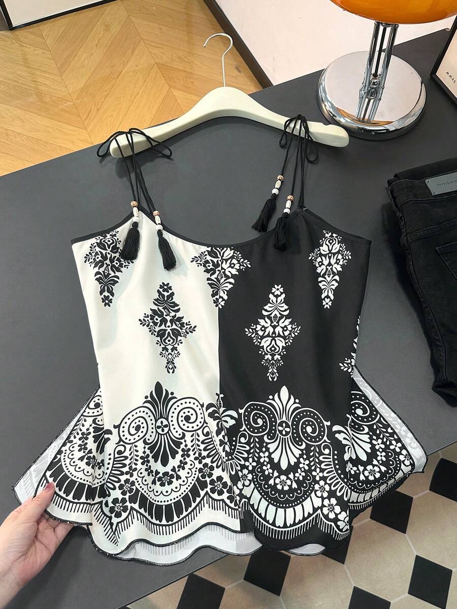 GlowEve CURVE Plus Size Women's Printed Loose Asymmetrical Hem Tassel Tie Casual Vacation Camisole, Spring/Summer - Multicolor - View 1