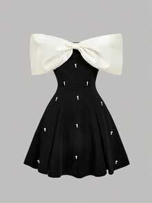 SHEIN 香槟色露肩珍珠饰边黑色迷你连衣裙 - 黑色 - 查看 2