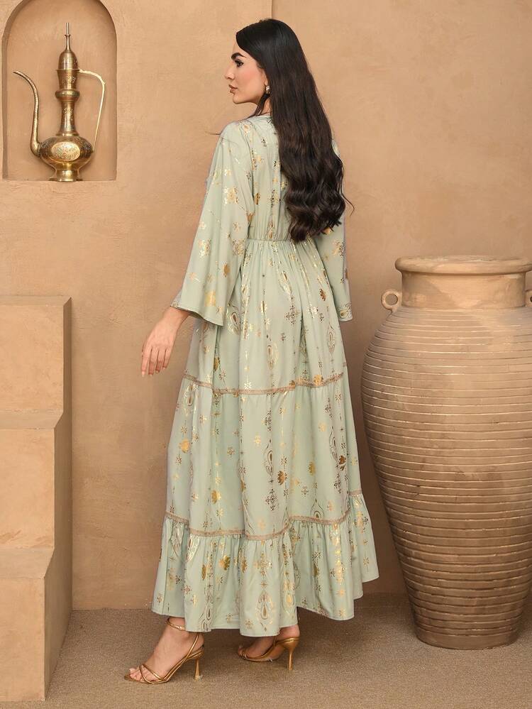 Elegant V-Neck Floral Print Waist Splice Lace Trim Long Sleeve Dress For Women, Spring/Summer Maxi Dress Sundress