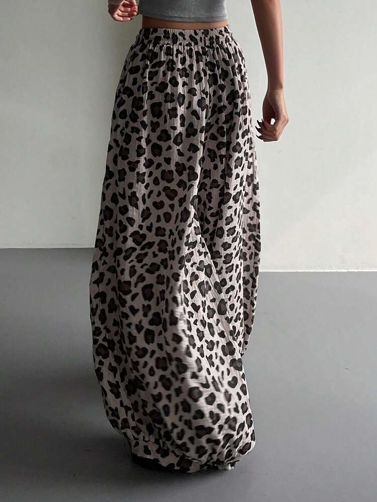 Leopard Print Loose Elastic Waist Casual Harem Pants, Suitable For Street, Holiday, Summer