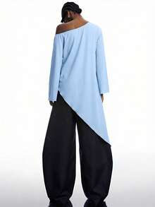 LYSMO 2026新款极简春夏女式纯色不对称领口不对称下摆时尚百搭度假长袖T恤 夏季/情人节/女士情人节/情人节/女士生日/外套/女士外套/优雅女士衬衫/女士休闲衬衫/女士度假/Y2K/Y2K上衣/蓝色上衣/蓝色T恤 - 藍色 - 查看 2