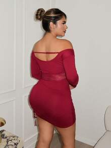 Maria Perezxox 女士蕾丝拼布抽绳束腰紧身迷你连衣裙，适合办公室/派对，酒红色，圣诞节 - 酒紅色 - 查看 2