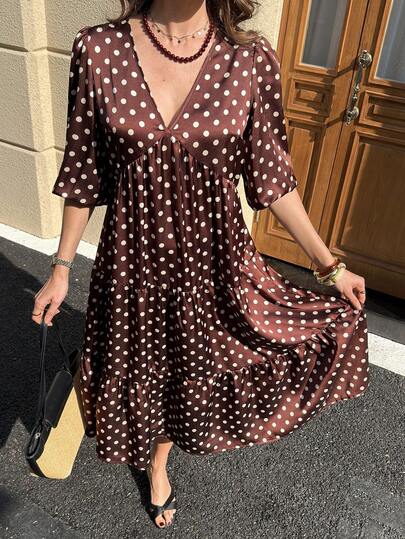 Solivie Women's Elegant Coffee Color Polka Dot A-Line Dress, French Style Comfortable Vacation Dress