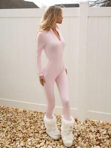 Sydney Algeri Women's Streetwear Solid Color Long Sleeve Half Zip Jumpsuit, Autumn - Pink - View 3