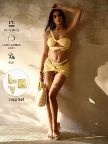 MOTF PREMIUM 3件套不对称扭结优雅浪漫女士沙滩比基尼泳装 - 黃色 - 查看 5