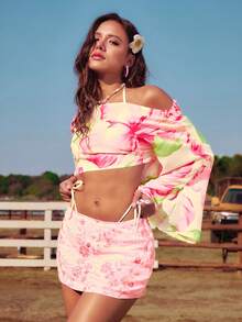 ROMWE Island Beauty Hibiscus Floral Print Asymmetric Shoulder Women Top - White - View 4