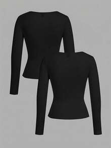 SHEIN EZwear 2件組大尺碼女款方領休閒長袖黑色T恤套裝，百搭春秋冬上衣，修身緊身款 - 黑色 - 查看 2