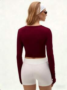 Eassivo Eassivo 女士纯色圆领长袖休闲健身运动T恤 - 酒紅色 - 查看 2