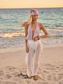 Aralina 春季提花蕾丝柔软针织面料，露背吊带设计，无缝拼接，度假风女装，波西米亚风，开襟设计，优雅派对必备，短款修身，夏季女装，节日上衣 - 淺粉色 - 查看 6