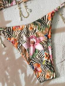 Swim Vcay Swim SXY 2pcs/Set Floral & Animal Print Beaded Chain Halter Triangle Bikini Top And Bottoms Sexy Swimwear Set For Women, Spring/Summer - Multicolor - View 5