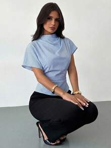 Firerie Blusa de bambú y lino de color albaricoque con cuello arrugado, mangas asimétricas, fruncido lateral y cintura ceñida, para uso diario, para todas las estaciones - Azul y blanco - Ver 4