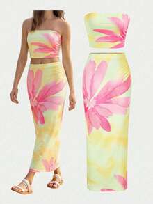 SHEIN Girlism Conjunto de top sin mangas con estampado floral tie-dye y falda ajustada para niña preadolescente, corte slim fit, casual, minimalista y cómodo - Mostaza Amarilla - Ver 11