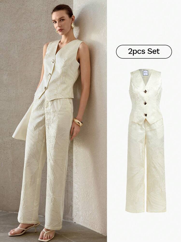 WOMEN'S APRICOT TEXTURED V-NECK SLEEVELESS WAISTCOAT & PANTS 2-PIECE SET