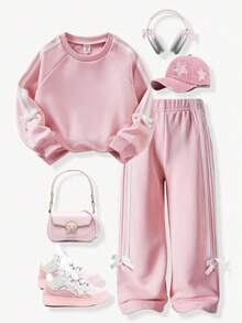 Casuvi Kids Casuvi 儿童女童两件套，粉色针织套头衫和阔腿裤，蝴蝶结装饰，侧面撞色饰边，休闲可爱风格，适合春秋季日常、运动、度假 - 粉色 - 查看 1