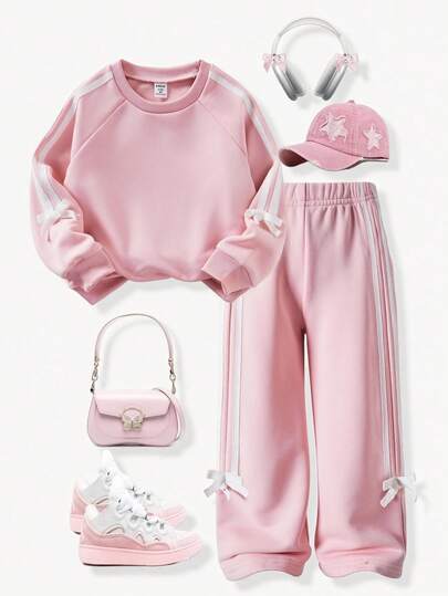 Casuvi Kids Casuvi 儿童女童两件套，粉色针织套头衫和阔腿裤，蝴蝶结装饰，侧面撞色饰边，休闲可爱风格，适合春秋季日常、运动、度假