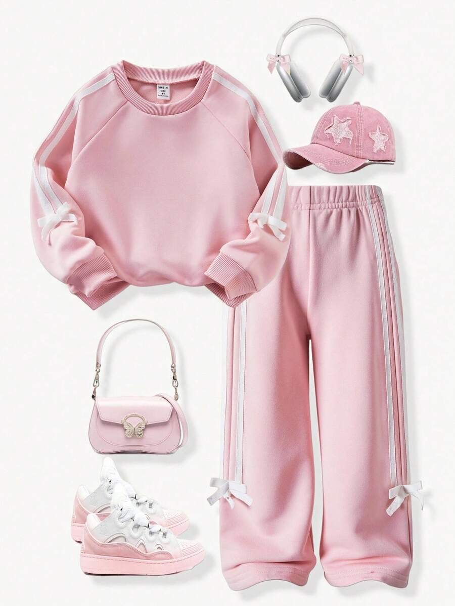 Casuvi Kids Casuvi 儿童女童两件套,粉色针织套头衫和阔腿裤,蝴蝶结装饰,侧面撞色饰边,休闲可爱风格,适合春秋季日常、运动、度假 - 粉色 - 查看 1