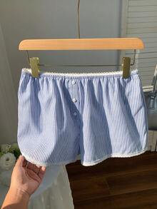 Comfortcana Quần short nữ kẻ sọc bằng vải lanh, thiết kế cài nút, dáng rộng, kiểu dáng thường ngày, màu xanh dương, hàng mới về 2026, thích hợp cho mùa xuân/hè, đi biển, nghỉ mát, dạo phố, ngày Valentine. - Màu xanh lam - Xem 6
