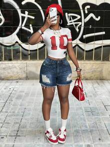 Slaydiva Women's Casual Denim Shorts With Pockets, Distressed Holes And Rhinestone Decor Ladies Y2k Summer Ripped Shorts Rhinestone Shorts - Blue - View 5